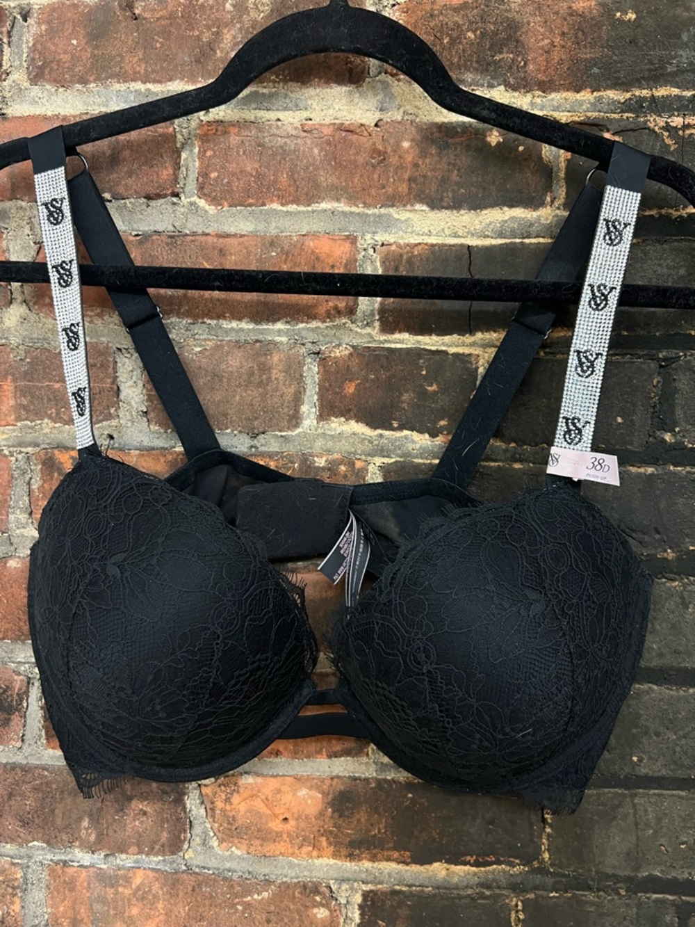 Black Lace Push-Up Bra with Sparkle Logo Straps
